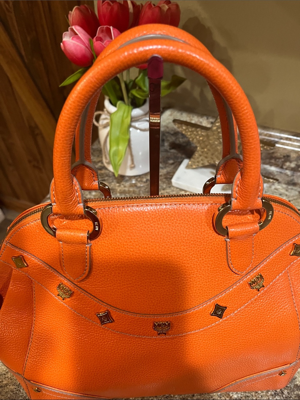 MCM Orange Pebbled Leather Dome Satchel with Gold-Tone Accents - Picture 4 of 13